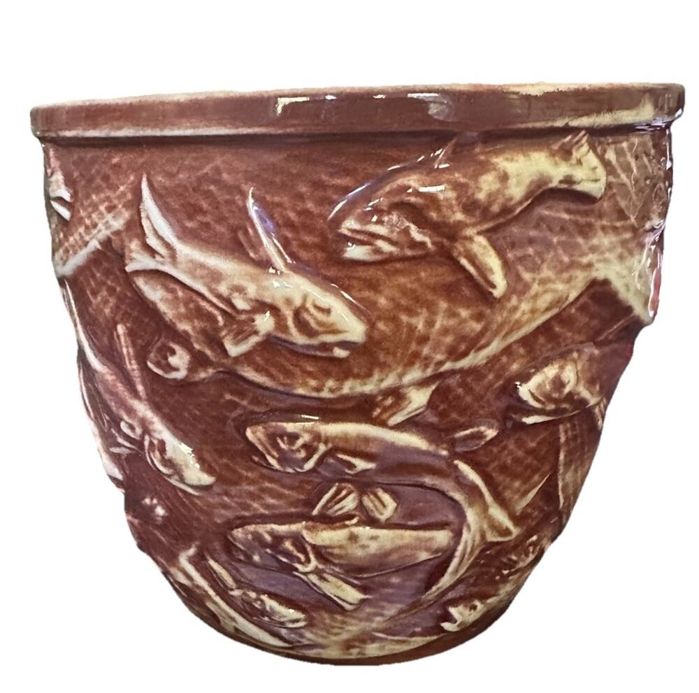 McCoy Pottery Brown Fish In Net 1995 HTF Jardinere Planter 6.5” Tall *Read